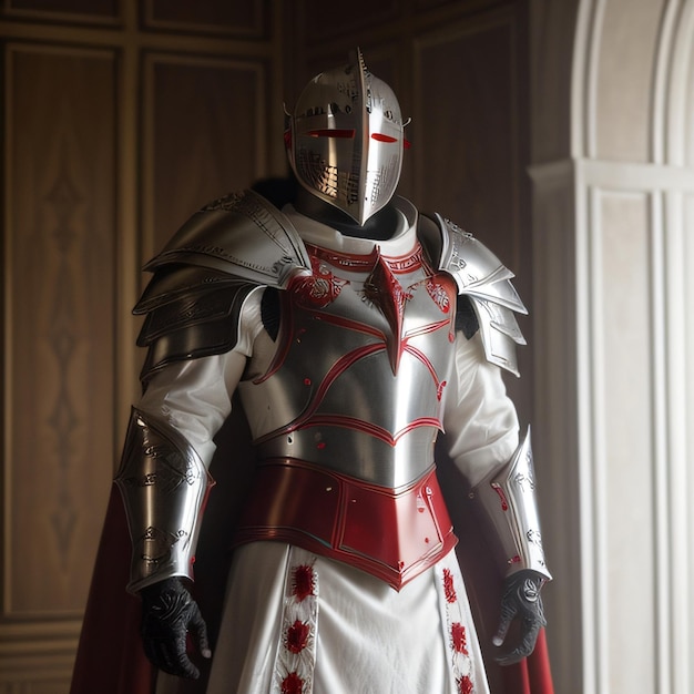Um cavaleiro de uniforme branco e vermelho está parado em frente a uma porta.