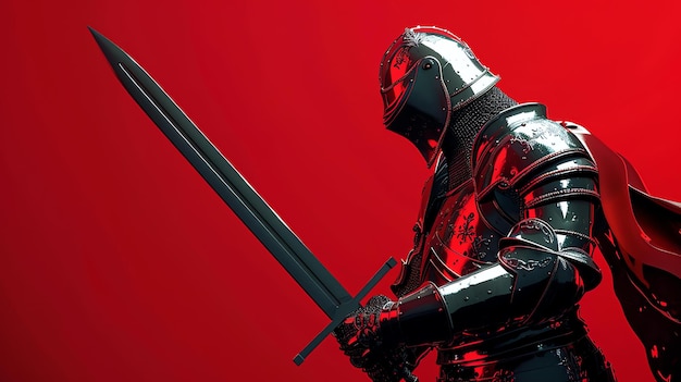 Um cavaleiro em armadura completa está contra um fundo vermelho Ele está segurando uma espada na mão direita e está olhando para a esquerda
