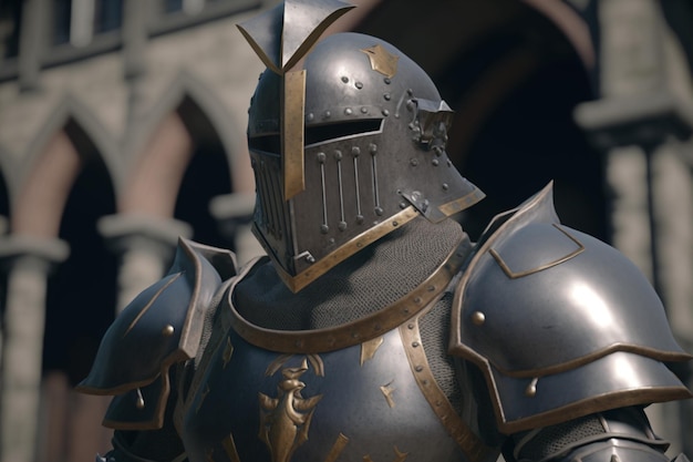Um cavaleiro em um capacete está na frente de um portão.