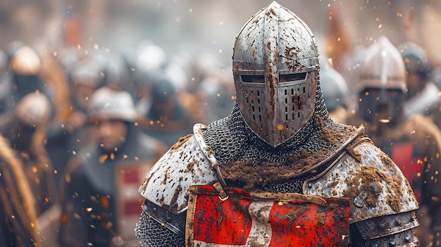 um cavaleiro em uma armadura de cavaleiros com um saco vermelho