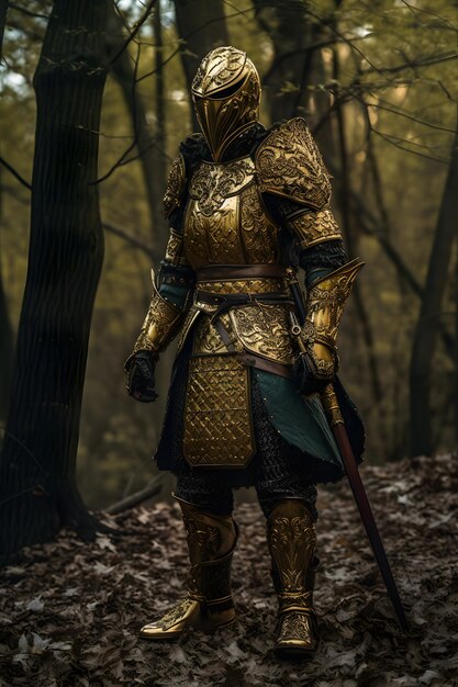Um cavaleiro em uma armadura dourada fica na floresta