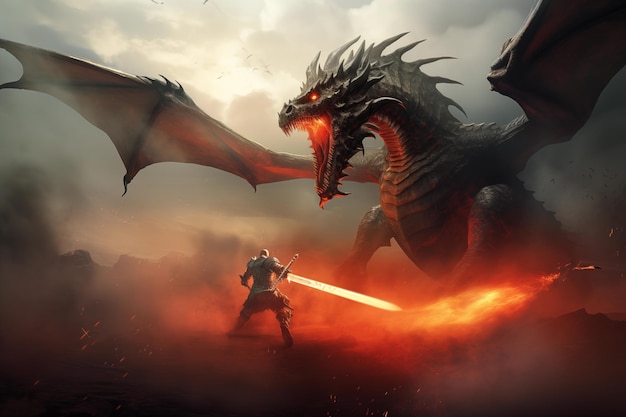 Foto um cavaleiro épico lutando contra um dragão em um campo de batalha nebuloso, cercado por nuvens e relâmpagos.