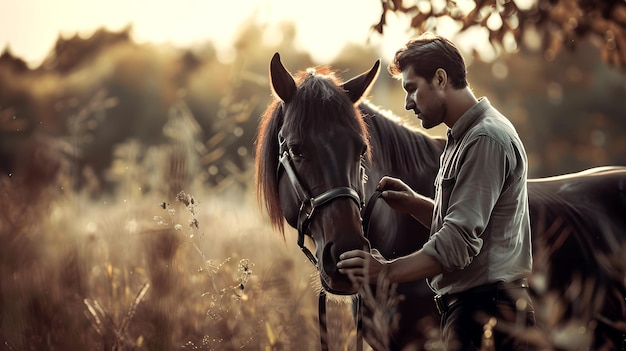 Um cavaleiro está de pé ao lado de um cavalo em um campo de grama alta e arbustos de grama