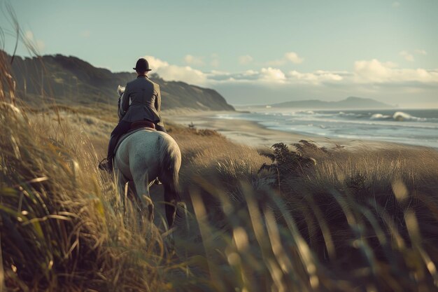 Foto um cavaleiro está montando um cavalo em uma praia