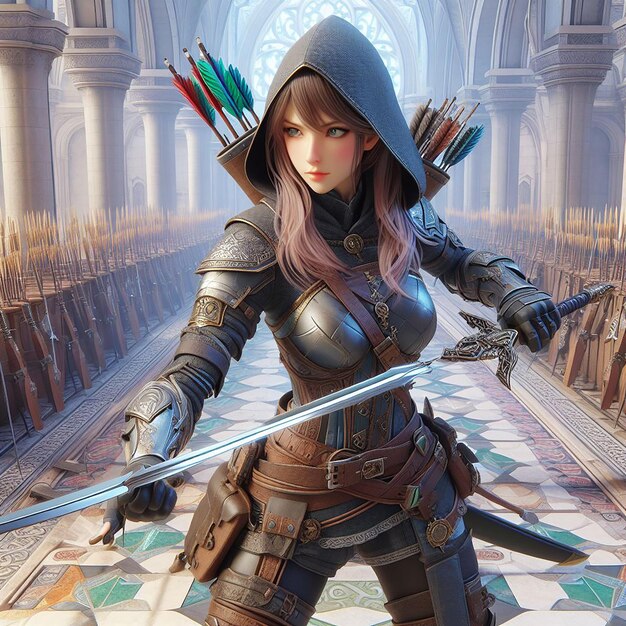 um cavaleiro feminino com uma espada e uma espada