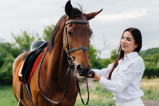 Um cavaleiro jovem bonita posa perto de um garanhão puro-sangue em um rancho. Passeios a cavalo, corridas de cavalos.