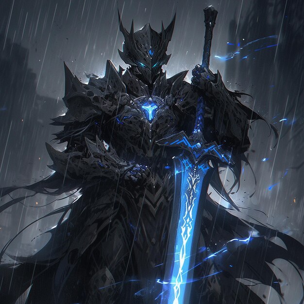 Um cavaleiro sombrio e misterioso com uma pesada armadura preta Cinematic Hyper detalhado