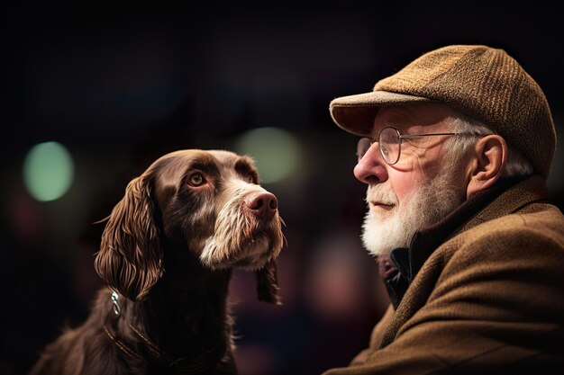 Um cavalheiro mais velho e experiente, com o rosto brilhando de orgulho enquanto observa seu entusiasmado cocker spaniel