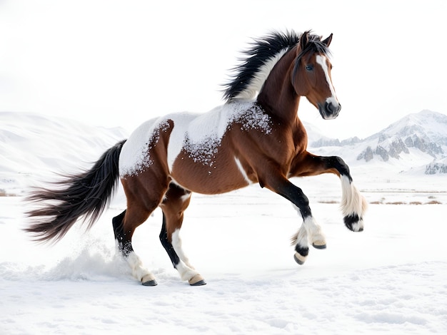 Um cavalo a correr na neve