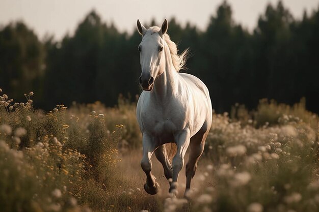 Um cavalo a galopar num campo