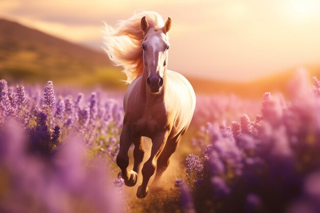 Foto um cavalo a galopar por um campo de lavanda vibrante