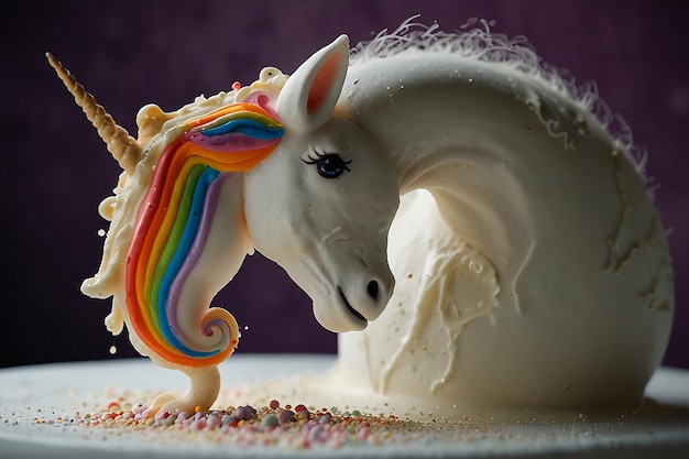 um cavalo branco com cabelo arco-íris está em uma mesa