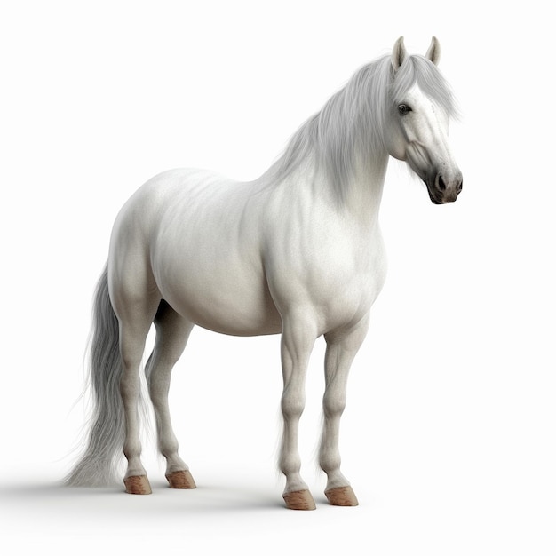 Um cavalo branco com crina e cauda brancas está parado na frente de um fundo branco.