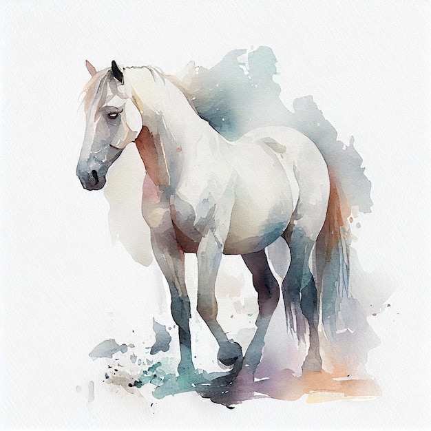 Um cavalo branco com crina e cauda marrons é pintado em aquarela.