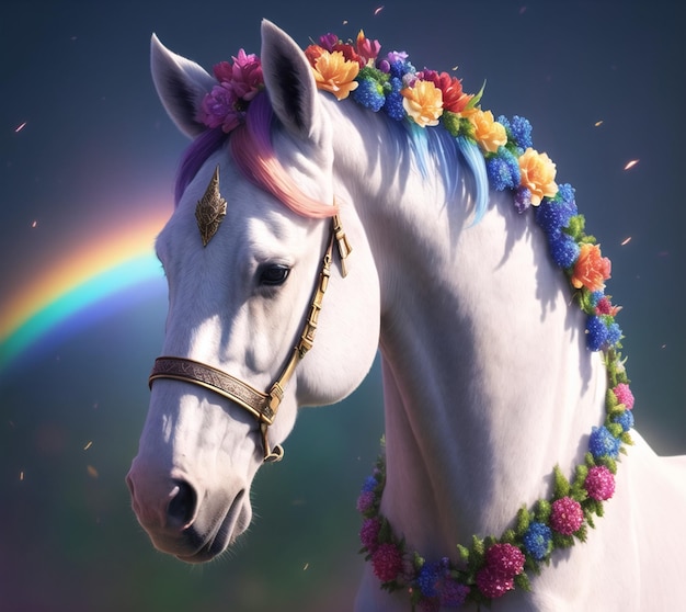Um cavalo branco com um arco-íris na cabeça