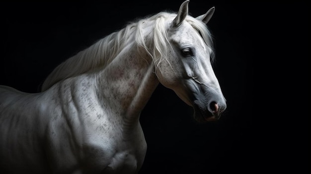 Um cavalo branco com um fundo preto e a palavra cavalo nele.