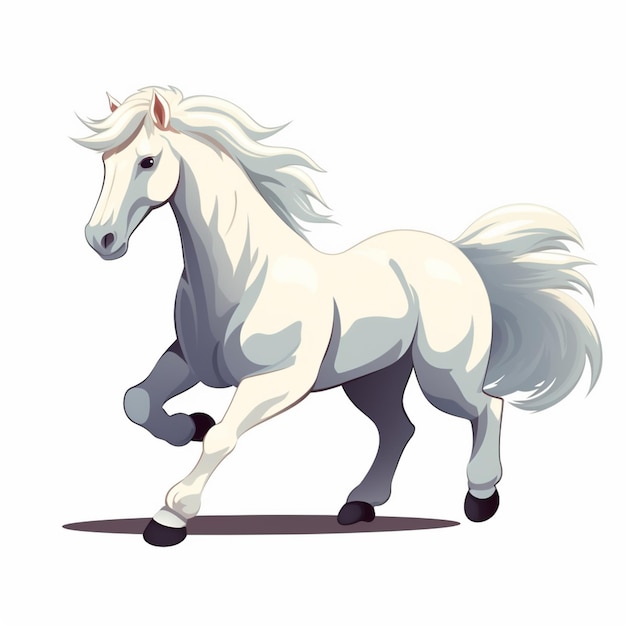Um cavalo branco com uma crina branca está correndo.