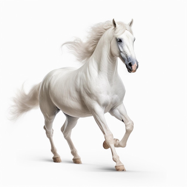 Um cavalo branco com uma longa crina está correndo.