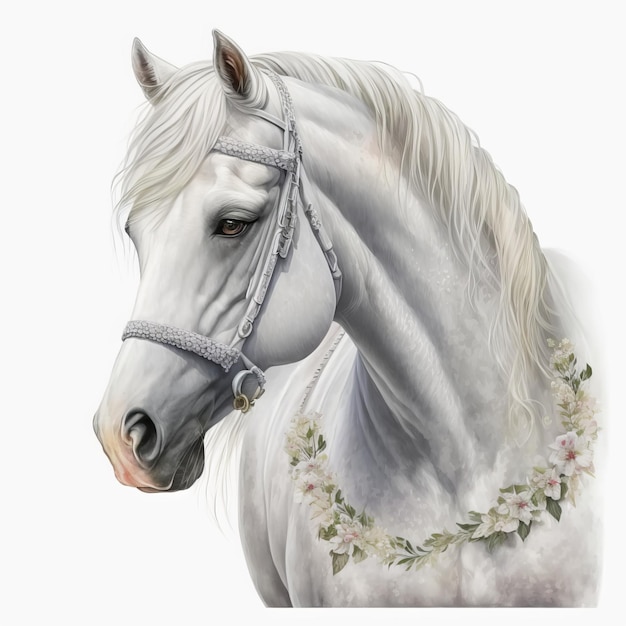 Um cavalo branco com uma noiva no rosto.