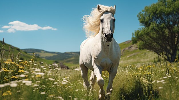 um cavalo branco correndo na grama larga