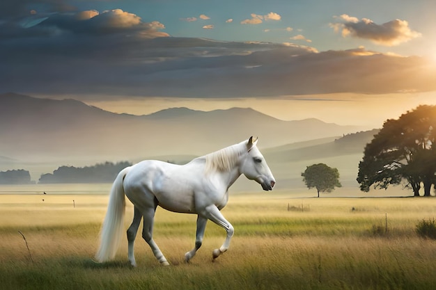 Um cavalo branco em um campo com montanhas ao fundo