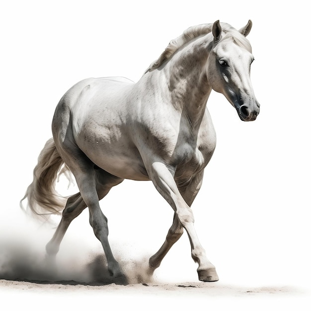 Um cavalo branco está correndo com um fundo branco.