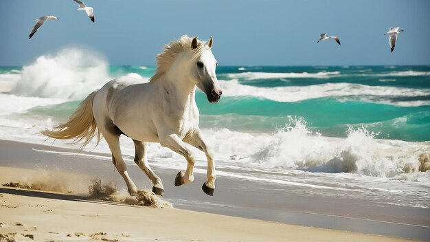 um cavalo branco está correndo na praia com o oceano ao fundo