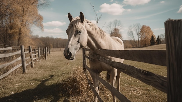 Um cavalo branco está em um campo com uma cerca na frente dele.