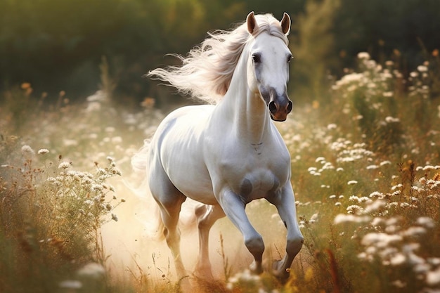 um cavalo branco está em um campo de flores.