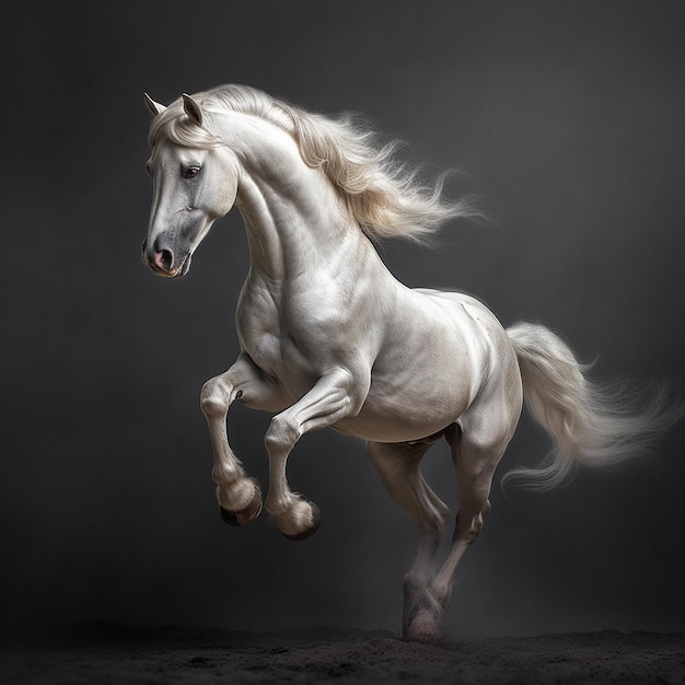 Um cavalo branco está galopando na frente de um fundo escuro.