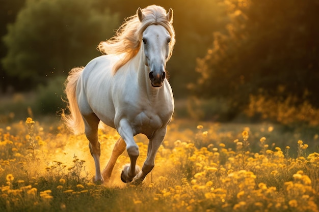 um cavalo branco semelhante a um unicórnio a galopar livremente por um campo aberto