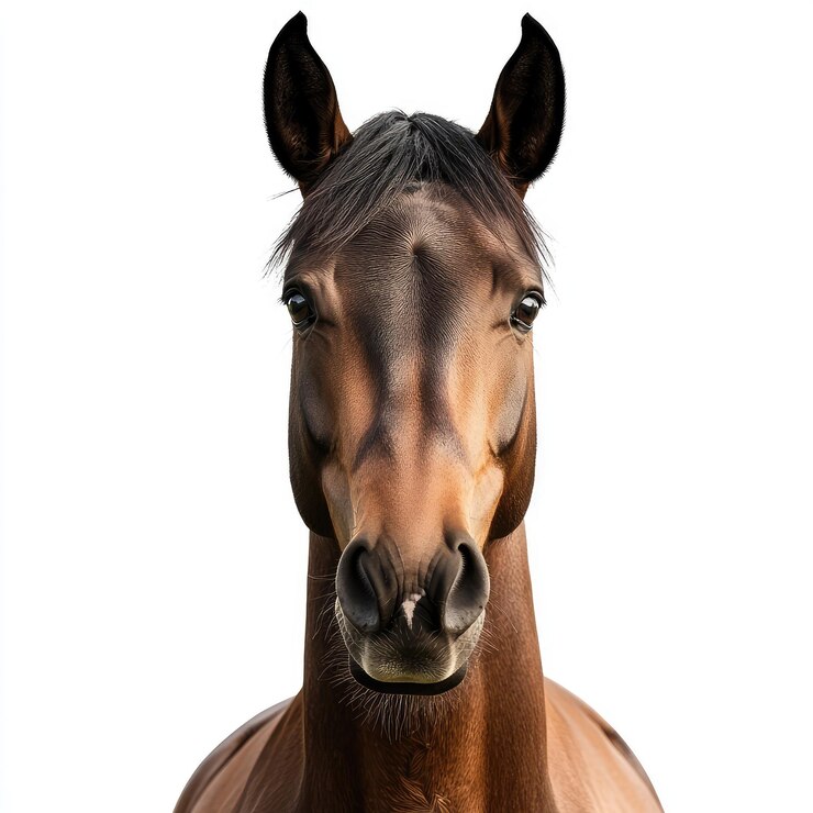 Foto um cavalo castanho com uma crina preta e um fundo branco