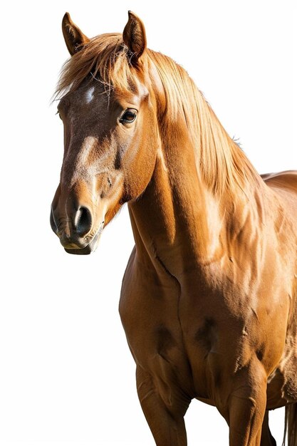 um cavalo castanho de pé no topo de um campo coberto de grama