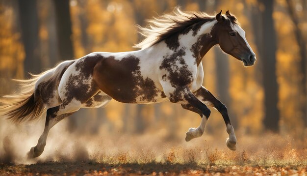 Foto um cavalo castanho e branco com manchas castanhas correndo na grama