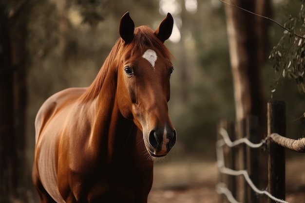 Um cavalo castanho parado na frente de uma cerca de madeira com árvores ao fundo IA generativa