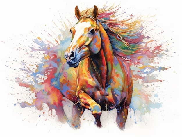 Um cavalo colorido está galopando em uma pintura colorida.