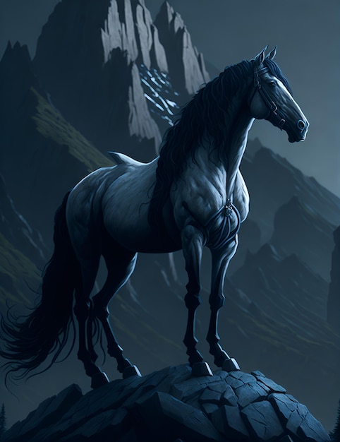 Um cavalo com asas está em uma rocha em frente a uma montanha.