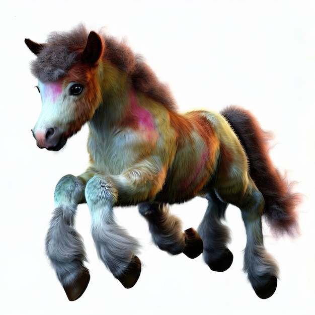 Um cavalo com cabelo castanho e nariz rosa está correndo.