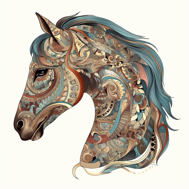 Um cavalo com crina azul e chifre dourado.