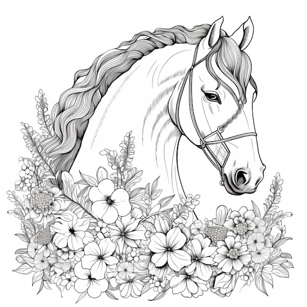 um cavalo com crina e flores ao fundo IA generativa