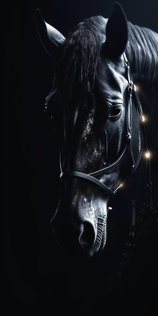 Foto um cavalo com crina preta e chapéu branco fica no escuro.