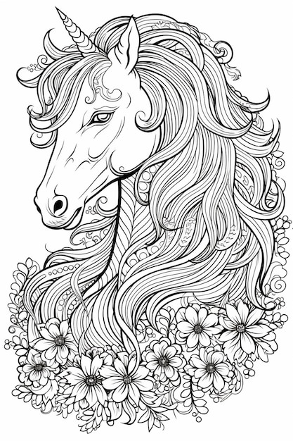 Um cavalo com crinas longas e flores ao fundo generative ai