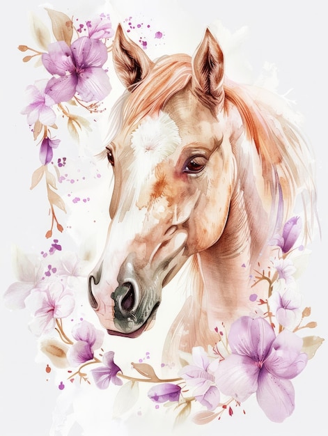 um cavalo com flores ao fundo