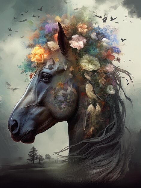 um cavalo com flores na cabeça é mostrado em uma pintura