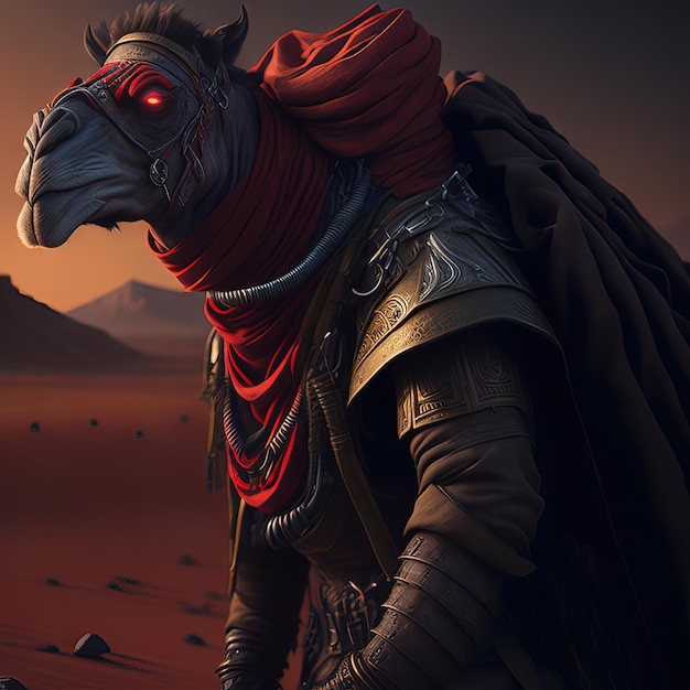Um cavalo com olhos vermelhos e uma capa vermelha está no deserto.