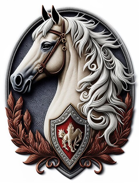 Um cavalo com um escudo que diz " ".