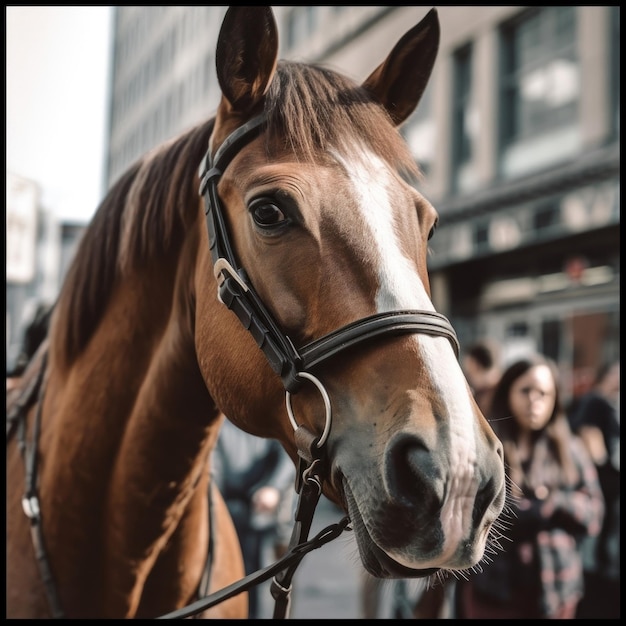 Um cavalo com um freio está usando um arreio.