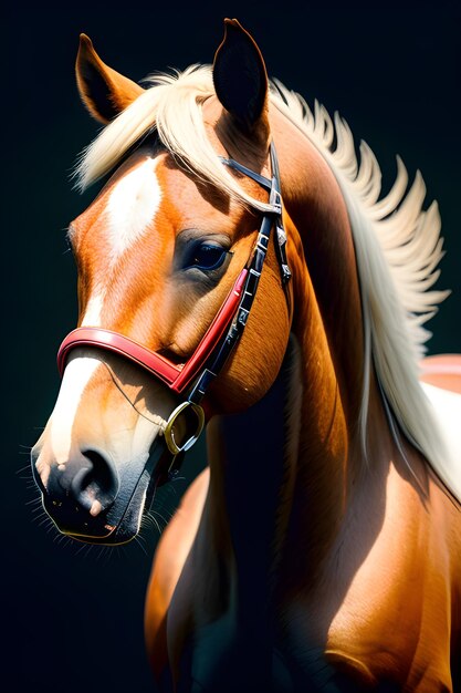 Um cavalo com um freio vermelho e cabelos brancos.