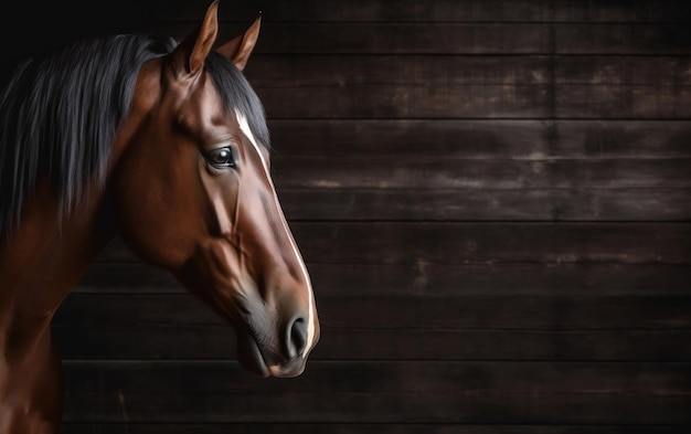 Foto um cavalo com um fundo escuro e uma cabeça de cavalo marrom escuro.