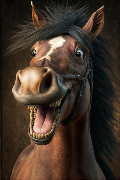 Um cavalo com um grande sorriso no rosto
